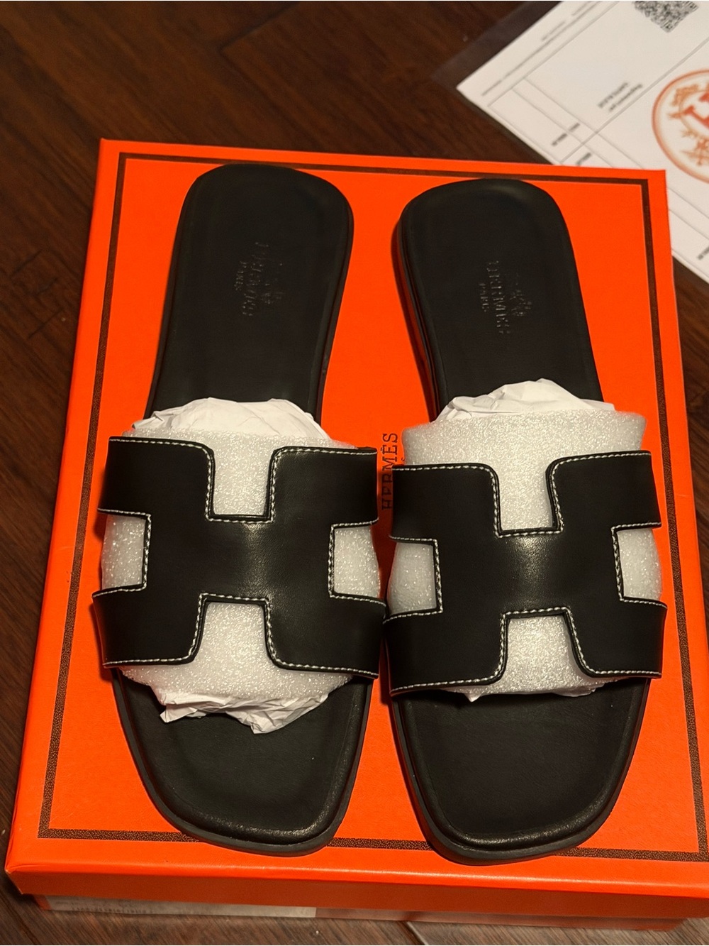 Hermes Black Leather Oran Slide Sandals - Women